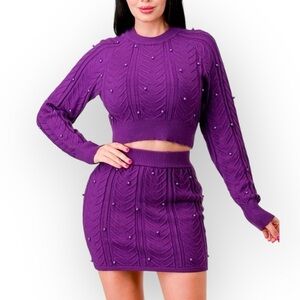 Purple Pearl Sweater Cable Knit Skirt Set